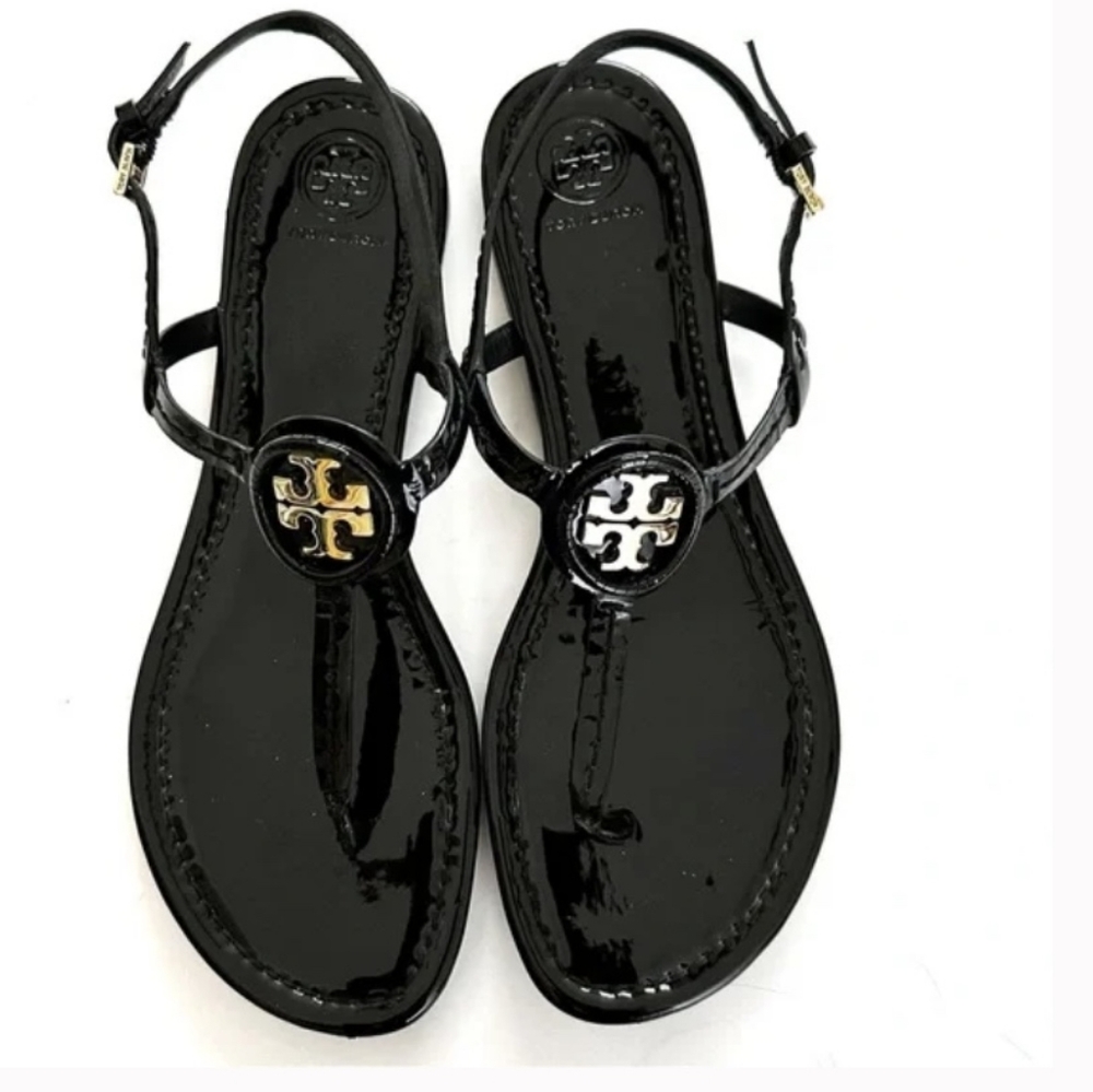 Tory Burch Black Patent Leather T-Strap Sandals with Gold Logo - Picture 3 of 11